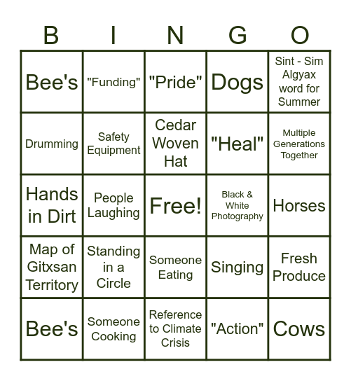 Tea Creek: Indigenous Food Sovereignty Bingo Card
