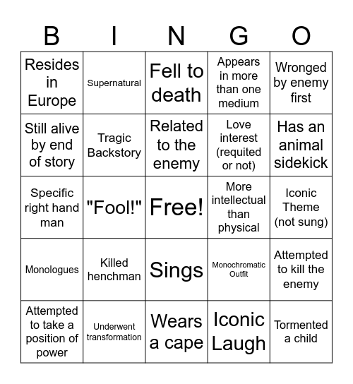 Villains' Social Bingo Card