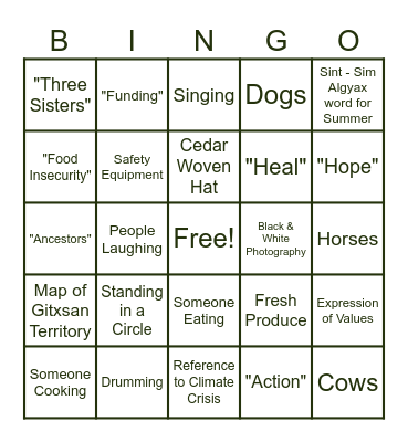 Tea Creek: Indigenous Food Sovereignty Bingo Card