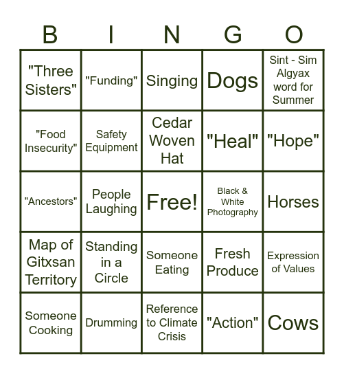 Tea Creek: Indigenous Food Sovereignty Bingo Card
