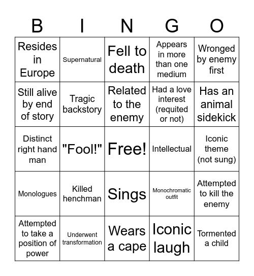 Villains Social Bingo Card