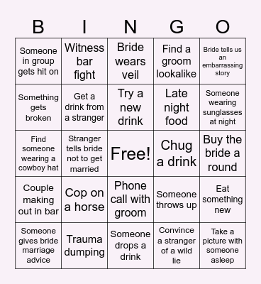 Bachelorette weekend Bingo Card