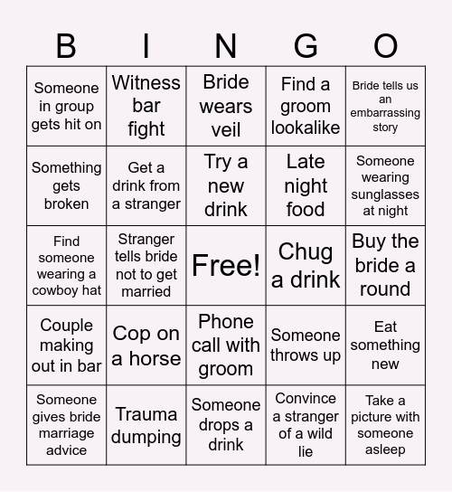 Bachelorette weekend Bingo Card