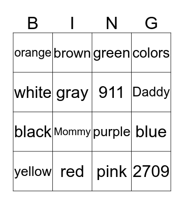 COLOR WORDS Bingo Card