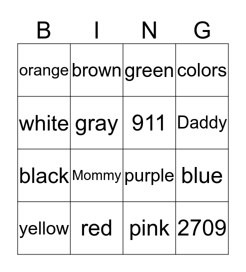 COLOR WORDS Bingo Card