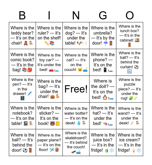 B6 L8 (easier) Where is the game? — It’s on the table! 🎮🪑 Bingo Card