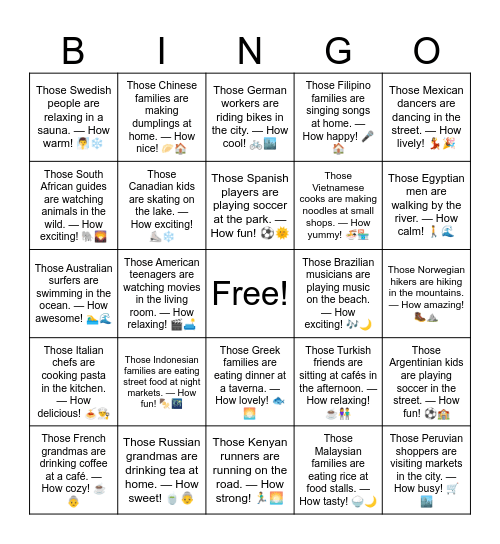 B11 L8 Those Korean children are eating rice cake soup at home. — How special! 🍲🏠 Bingo Card