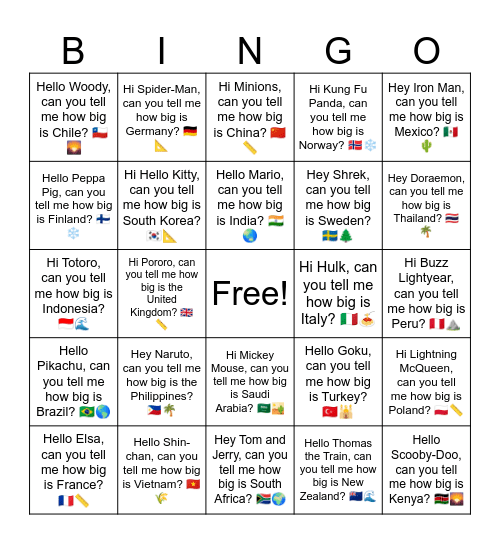 B11 L11 Hi Hello Kitty, can you tell me how big is South Korea? 🇰🇷📐 Bingo Card