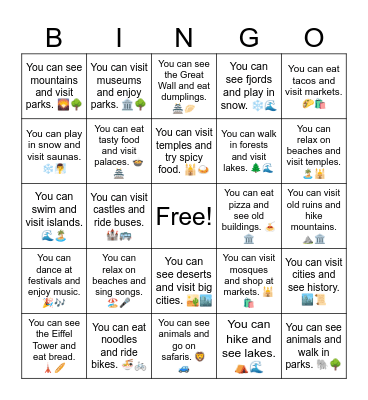 B11 L12 You can hike and see lakes. ⛺🌊 Bingo Card