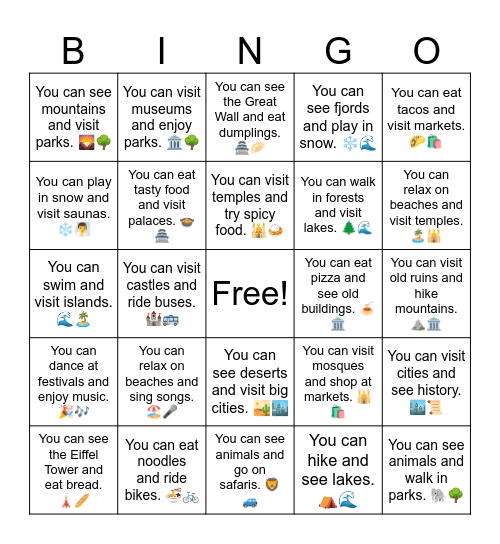 B11 L12 You can hike and see lakes. ⛺🌊 Bingo Card