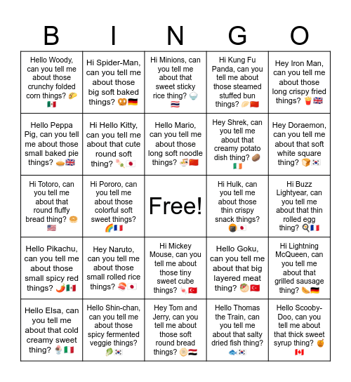 B11 L14 Hi Pororo, can you tell me about those colorful soft sweet things? 🌈🇫🇷 Bingo Card