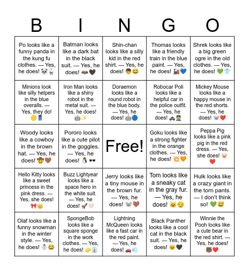 B11 L15 Po looks like a funny panda in the kung fu clothes. — Yes, he does! 🐼🥋 Bingo Card