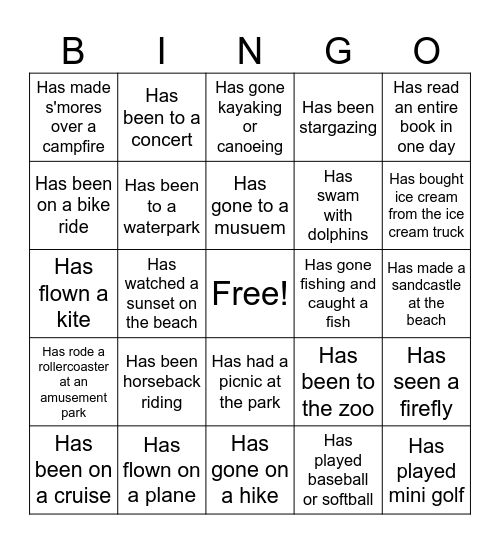 Summer Fun! Bingo Card