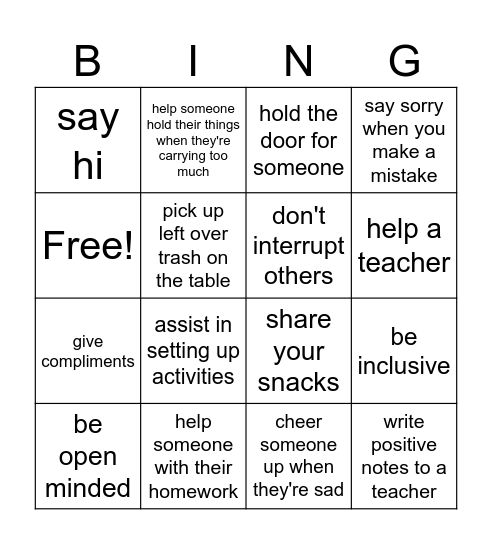 Pay it forward Bingo Card