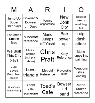 Mario Movie Bingo Card