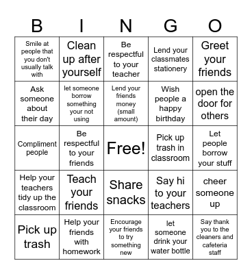 Pay it forward Bingo Card
