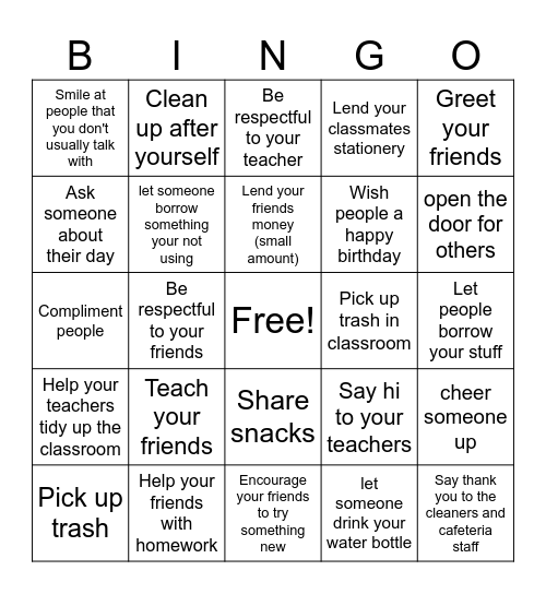 Pay it forward Bingo Card