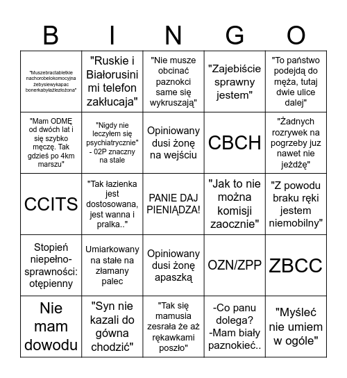 Wsparciówka Bingo Card