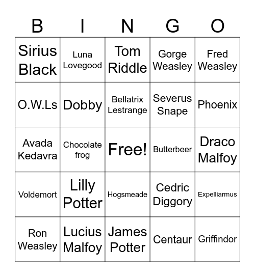 Harry Potter Bingo Card