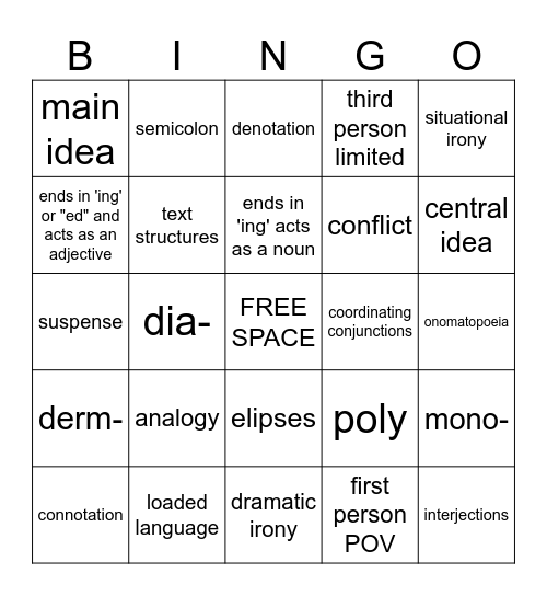 Literary Terms Bingo Card