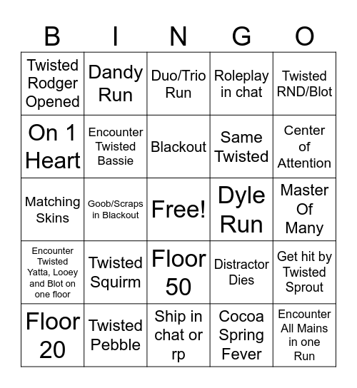 Dandy's World bingo Card