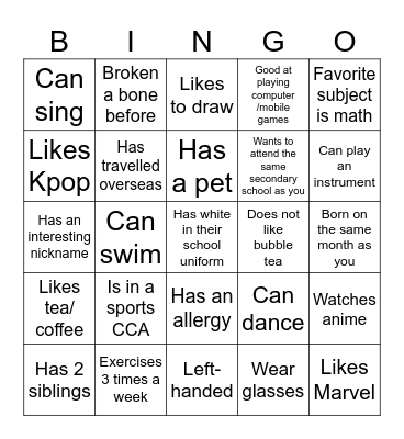 Get to know others! Bingo Card
