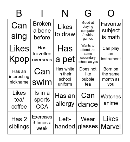 Get to know others! Bingo Card