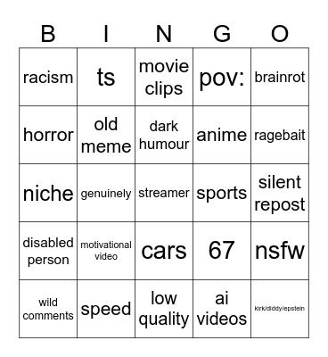 Instagram reels Bingo Card