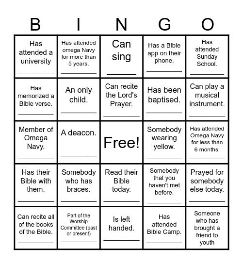 Fellowship Bingo Card
