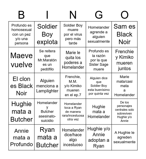 The Boys Predicciones Bingo Card