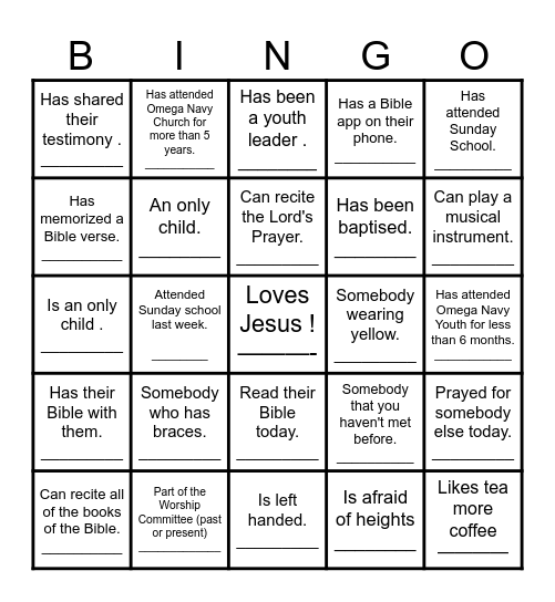 Fellowship Bingo Card