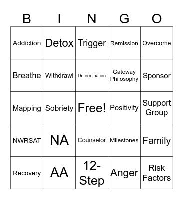 Substance Recovery BINGO Card