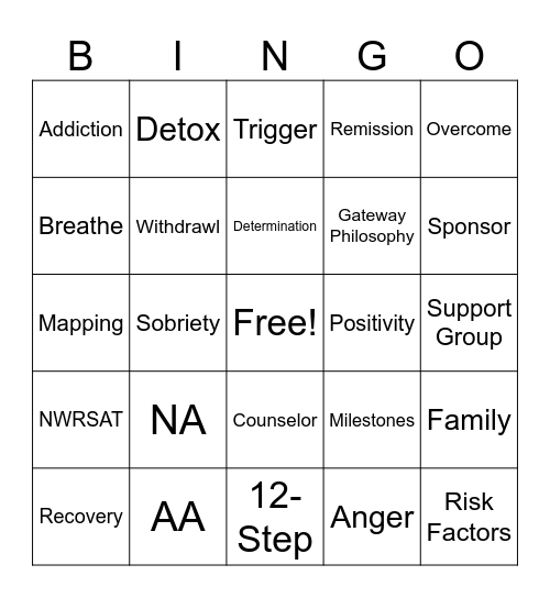 Substance Recovery BINGO Card