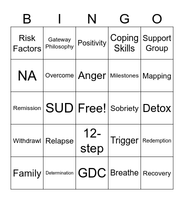 Substance Recovery BINGO Card