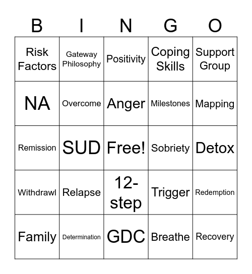 Substance Recovery BINGO Card