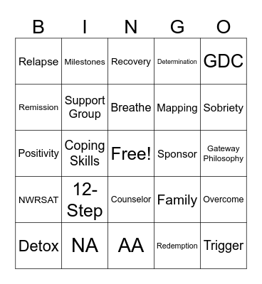 Substance Recovery BINGO Card