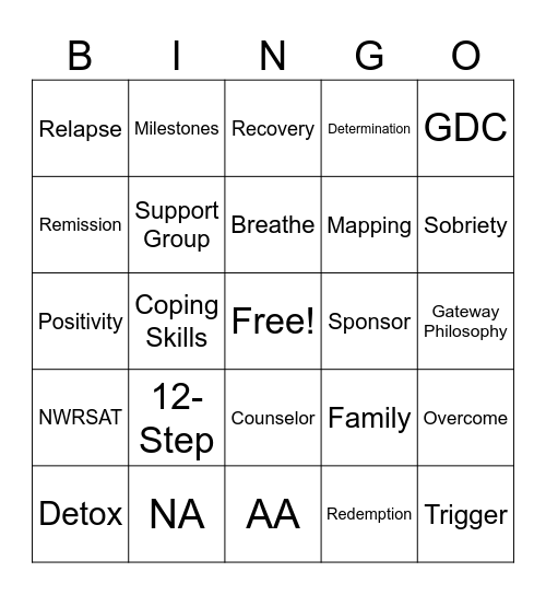 Substance Recovery BINGO Card