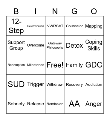 Substance Recovery BINGO Card