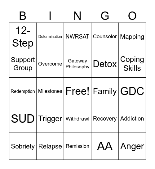 Substance Recovery BINGO Card