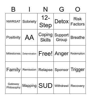 Substance Recovery BINGO Card