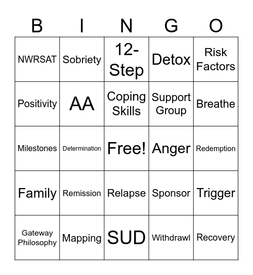 Substance Recovery BINGO Card