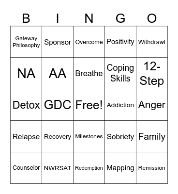 Substance Recovery BINGO Card