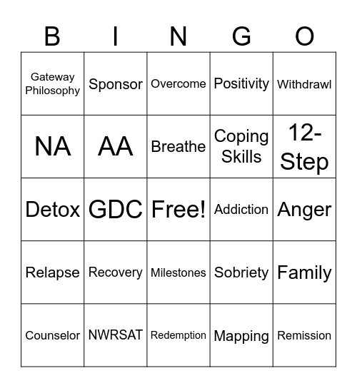 Substance Recovery BINGO Card