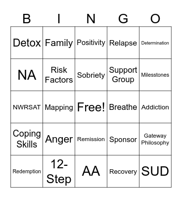 Substance Recovery BINGO Card