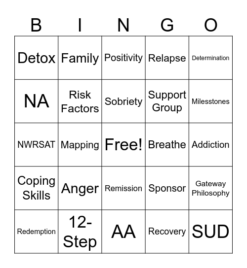Substance Recovery BINGO Card