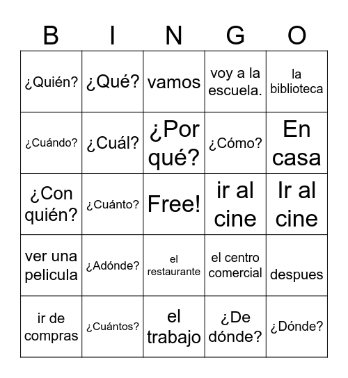 ¿Adónde vas tu? Bingo Card