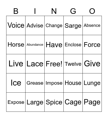 Uses For Silent E Bingo Card