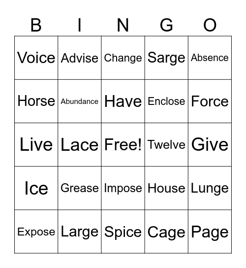 Uses For Silent E Bingo Card