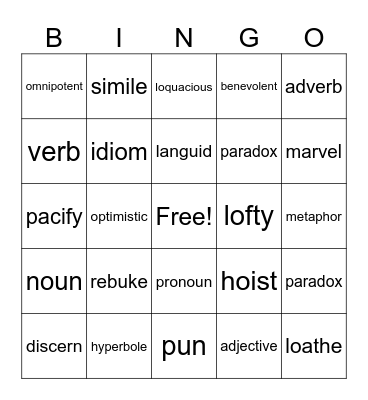 WOD VOCAB Bingo Card