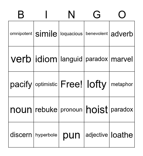 WOD VOCAB Bingo Card